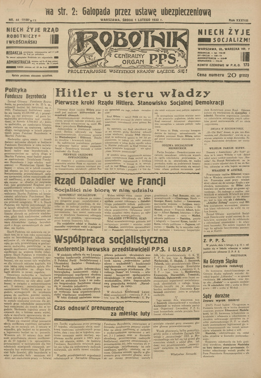 Okładka "Robotnika" z 1 lutego 1933 r.