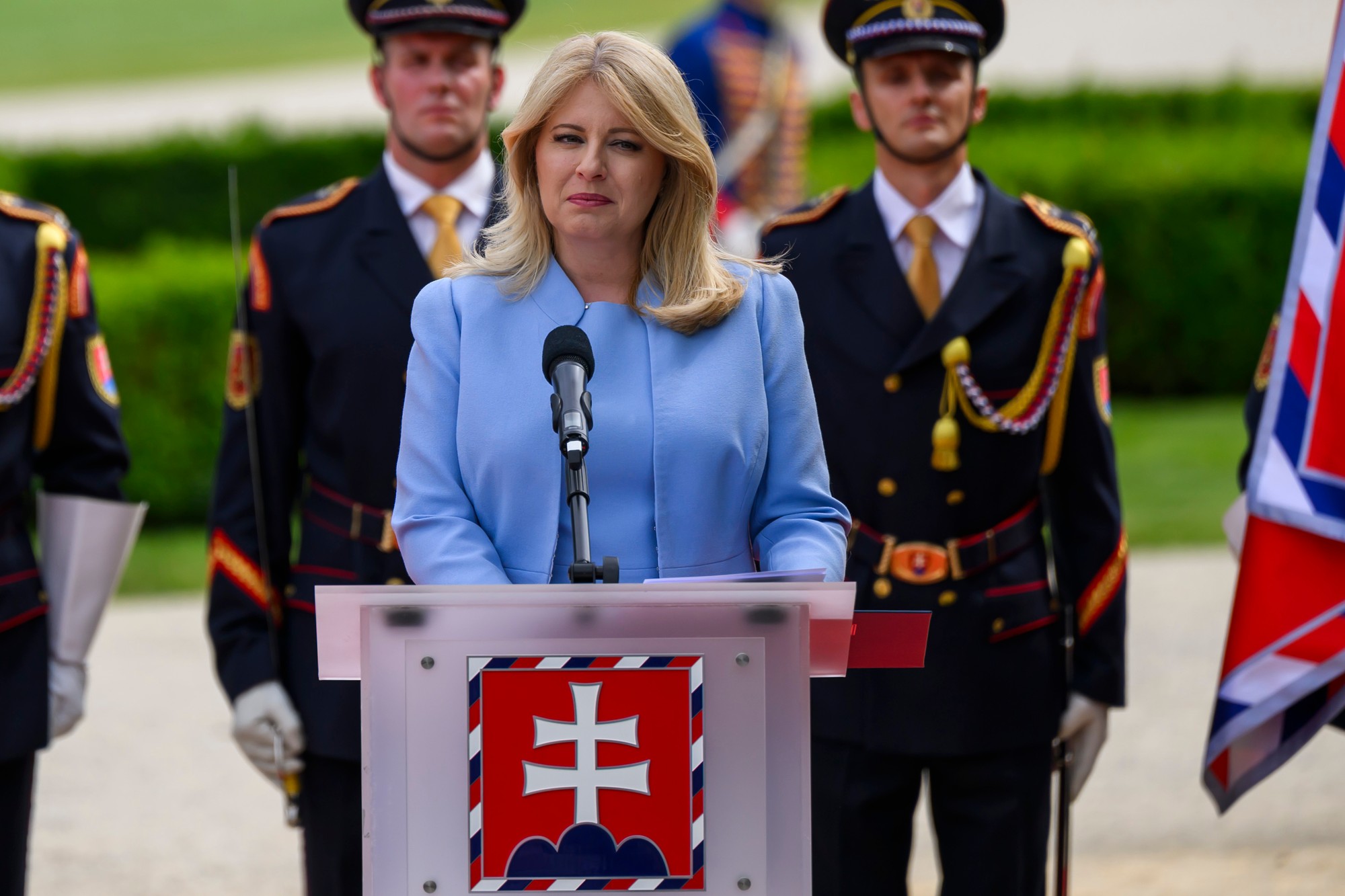 Prezidentka SR Zuzana Čaputová počas rozlúčkového príhovoru v Prezidentskej záhrade v Bratislave 14. júna 2024.
