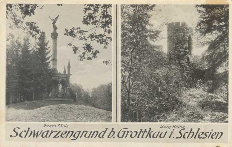 Kopice, pałac Schaffgotschów - pruska kolumna zwycięstwa oraz sztuczne ruiny w parku, rok 1940
