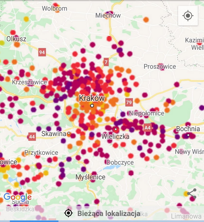 Tak wyglądała wczoraj sytuacja w okolicach aglomeracji krakowskiej