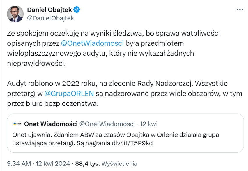 Ujawnione przez Onet informacje o wszczętym przez prokuraturę śledztwie dotyczącym działalności Michała Roga, Daniel Obajtek dezawuował na Twitterze