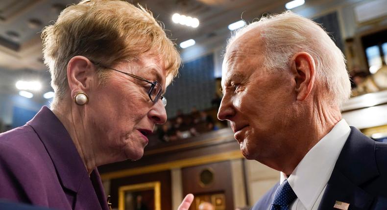 Democratic Rep. Marcy Kaptur of Ohio speaks with President Joe Biden following the State of the Union address in February 2023.Jacquelyn Martin/Getty Images