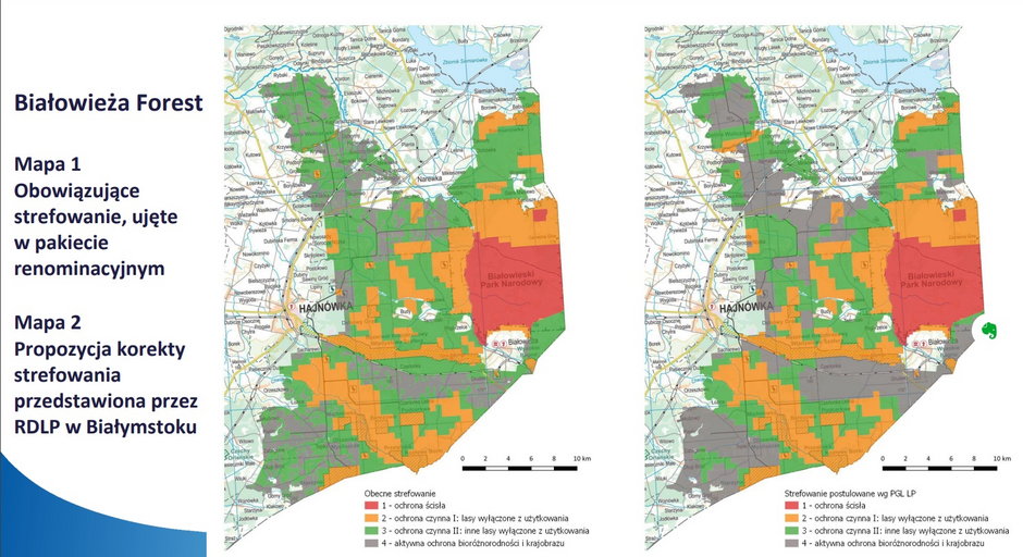 Obszar, na którym można wycinać drzewa, oznaczono kolorem szarym. Z lewej aktualny podział na strefy, z prawej – propozycja LP. Źródło: IOŚ-PIB, prezentacja z warsztatów nt. "Strefy ochronne: założenia, pojęcia, zasady i kryteria".