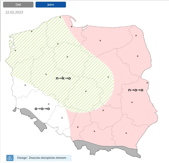 Warunki biometeorologiczne prognozowane na 22 lutego 2023 roku