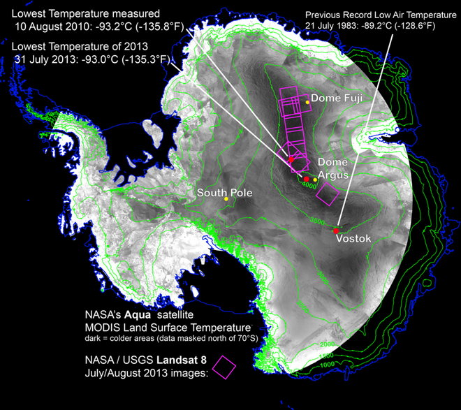 Dzięki satelitom naukowcy znaleźli najzimniejsze miejsca na Ziemi We wschodniej części Płaskowyżu Antarktycznego rekordowa temperatura spadła do -93,2 °C