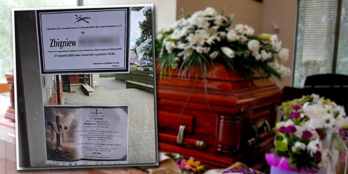 Widok dwóch nekrologów powieszonych na drzwiach wejściowych.