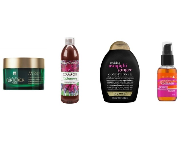 Maska Rene Furterer Absolue Kératine, 230zł/200ml; Szampon łopianowy Barwa Ziołowa,  4zł/200ml; Odżywka Organix z Imbirem Awapuhi, 29,99zł/385ml; Serum Bioelixire, 30zł/50ml