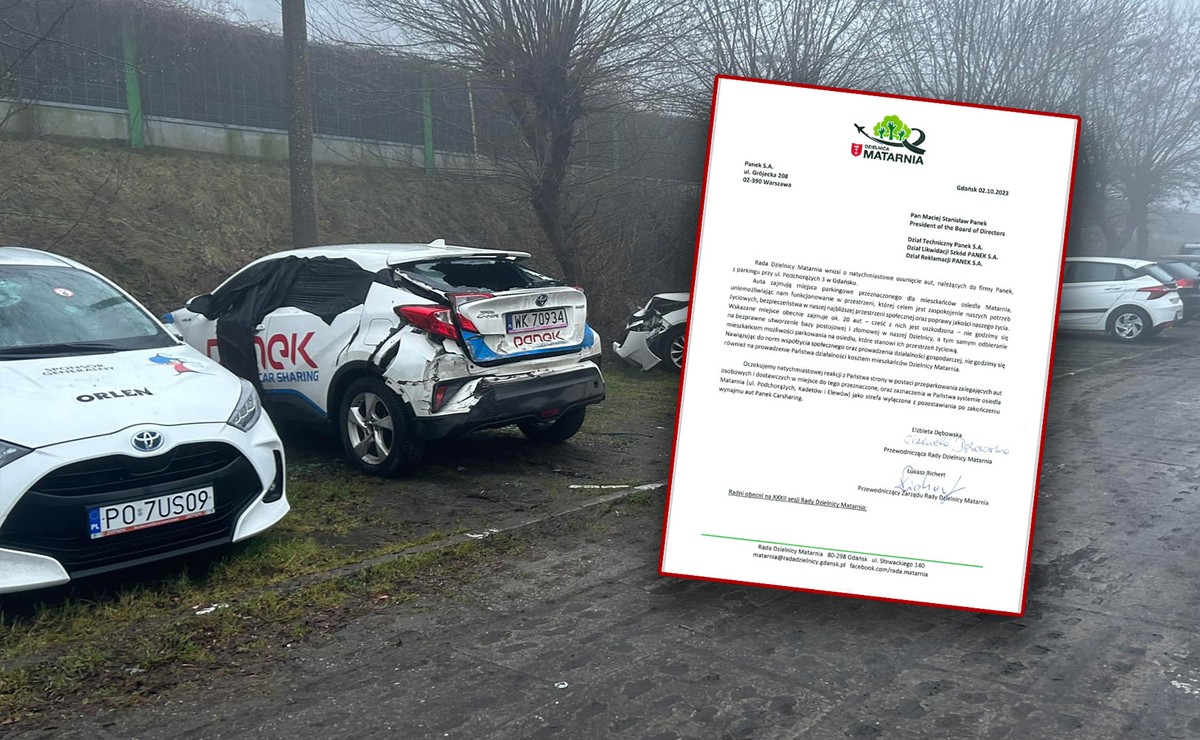 Złomowisko Panek CarSharing na osiedlowym parkingu w Gdańsku