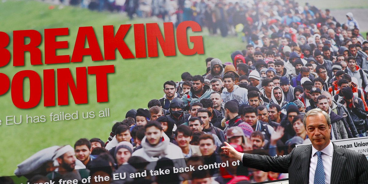 Leader of the United Kingdom Independence Party (UKIP) Nigel Farage poses during a media launch for an EU referendum poster in London, Britain June 16, 2016.