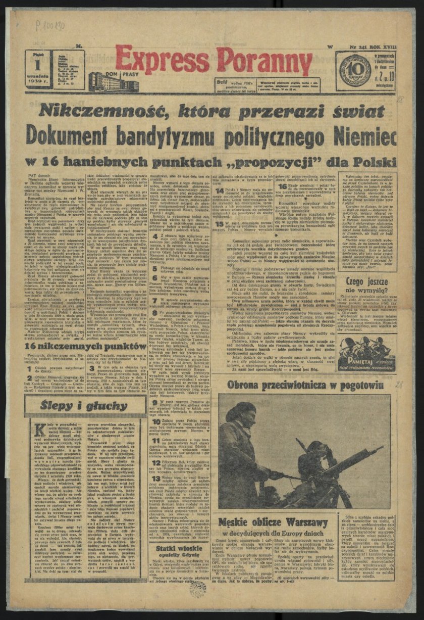 Nagłówki gazet z 1 września 1939 roku.