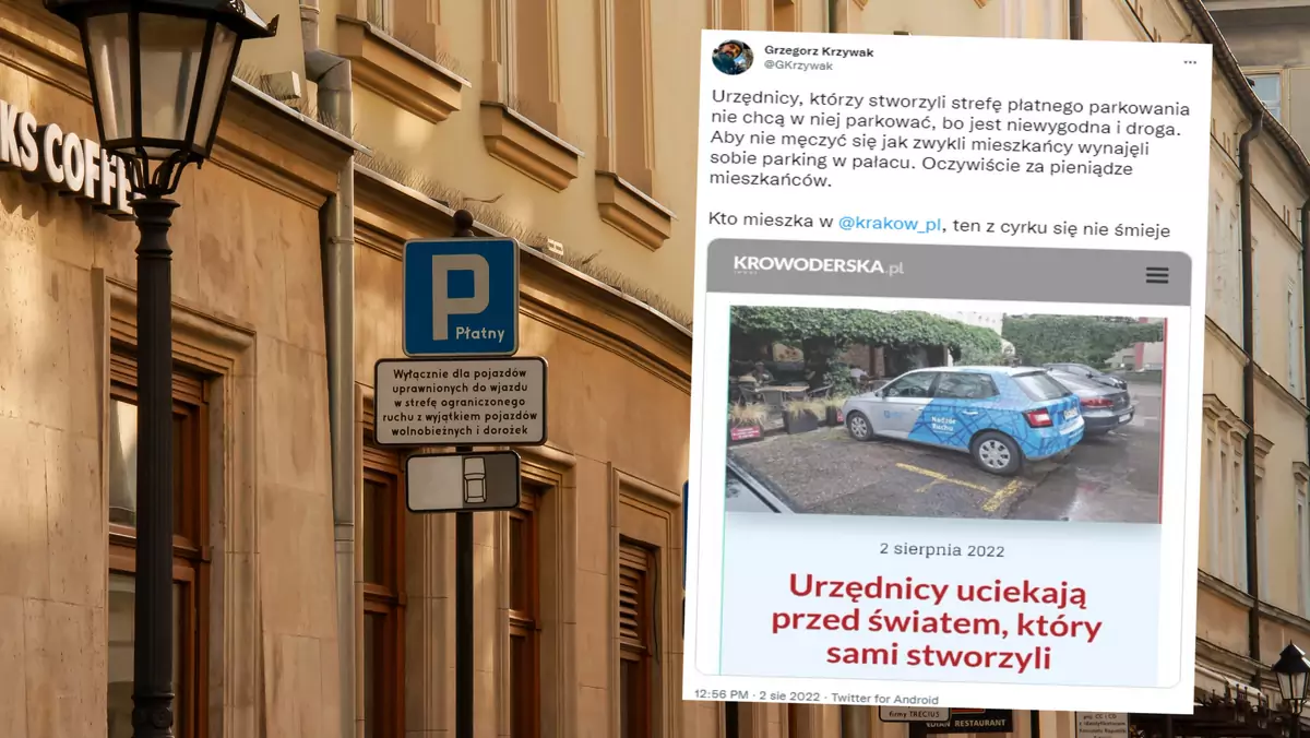 Krakowscy urzędnicy, którzy ograniczają ruch samochodowy w mieście, wynajęli parking w ścisłym centrum (screen: Twitter.com/GKrzywak)