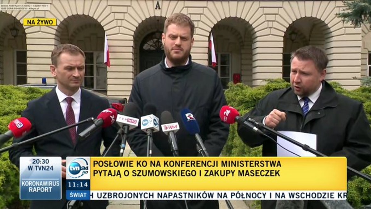 Kadr z programu informacyjnego stacji TVN24 Nitras Kierwiński PO wiceminister zdrowia konferencja