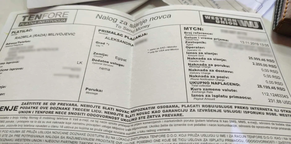 Potvrda da je Radmila poslala novac Aleksandri S. koja je u tom trenutku boravila u Egiptu