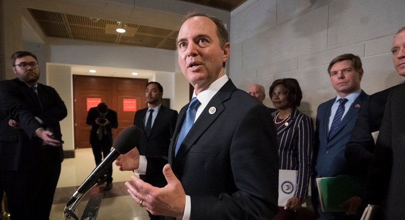 FILE - In this Thursday, Feb. 28, 2019 file photo, Rep. Adam Schiff, chairman of the House Intelligence Committee, talks to reporters after a day of interviewing Michael Cohen, President Donald Trump's former lawyer, on Capitol Hill in Washington. Democrats are undertaking several broad new investigations into President Trump and setting the stage for a post-Robert Mueller world. Schiff, said Republicans had prematurely closed the matter of Russian interference in the 2016 election without interviewing key witnesses and demanding important documents. (AP Photo/J. Scott Applewhite, File)