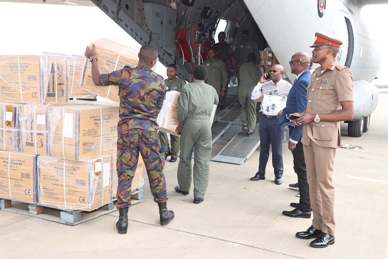 Defence CS Aden Duale loads medical supplies and foodstuffs commissioned for Upper Nile and Jonglei in South Sudan on December 24, 2022