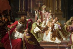 Biskup Stanisław ze Szczepanowa rzucający klątwę na króla Bolesława Śmiałego. Obraz Juliusza Knoora z 1840 r.