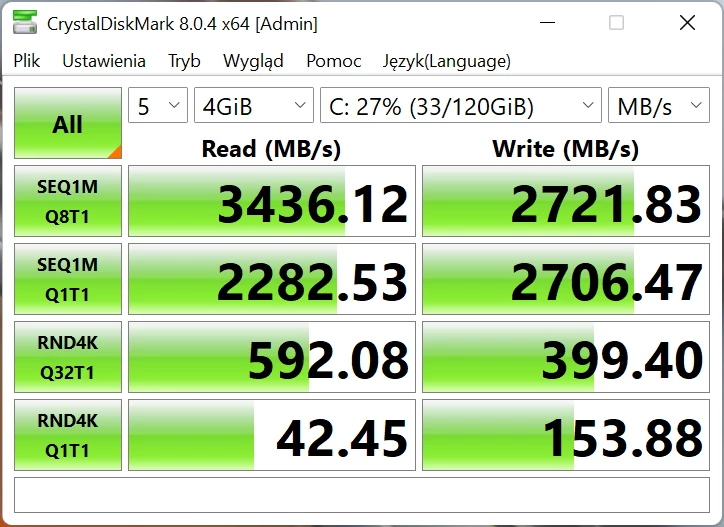 Huawei MateBook 16 – CrystalDiskMark 8 – szybkość nośnika SSD