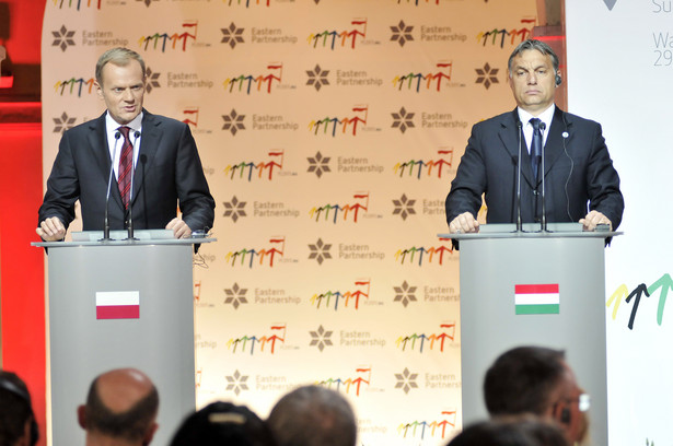 Premier Polski Donald Tusk oraz premier Węgier Viktor Orban podczas konferencji prasowej w czasie polskiej prezydencji w UE.