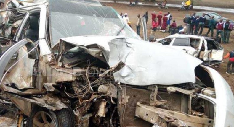 A file photo of a car wreckage in an accident. 5 dead after two 14-seater matatus collide head-on along Embu-Meru highway