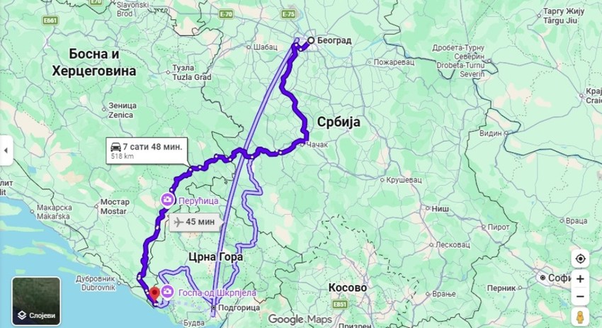Za putovanje do Herceg Novog postoje tri putne trase