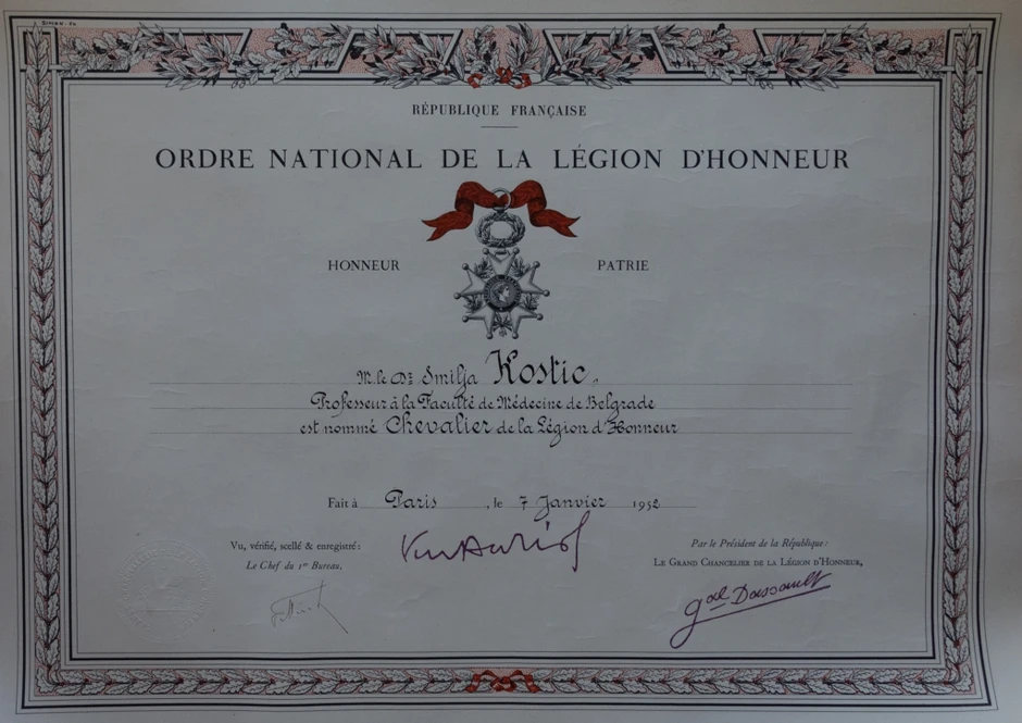 Legija časti dr Smilje Kostić Joksić, 1952.