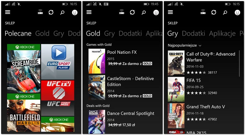 Mobilny widok oferty Sklepu Xbox: gry polecane, popularne i zestawy Games With Gold