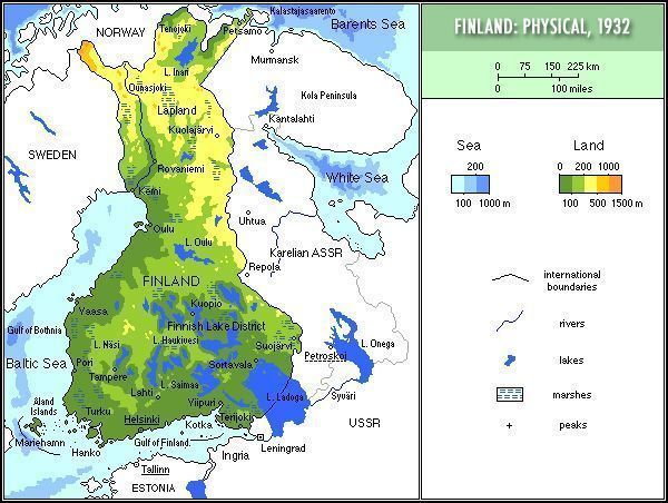 Mapa fizyczna Finlandii w 1932 r. (aut. Mariusz Paździora, opublikowano na licencji Creative Commons Uznanie autorstwa 3.0)