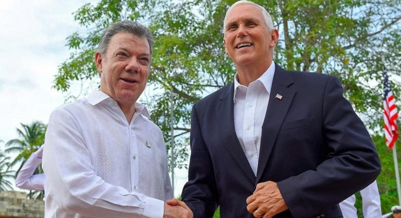 US Vice President Mike Pence, seen in this handout meeting with Colombia's President Juan Manuel Santos in Cartagena, is on a Latin American tour dominated by concerns over Venezuela