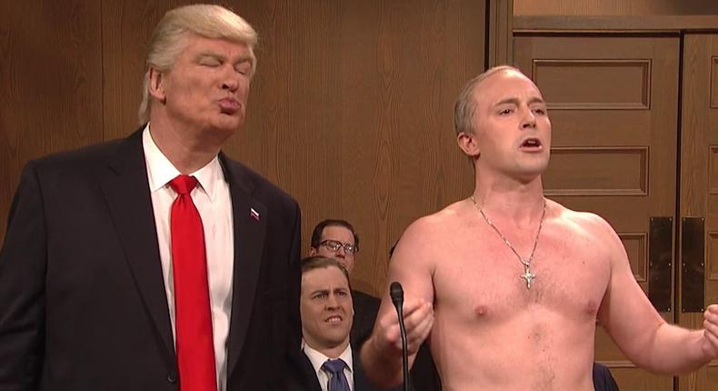 Alec Baldwin as President Donald Trump, left, and Beck Bennett as Russian President Vladimir Putin on SNL.