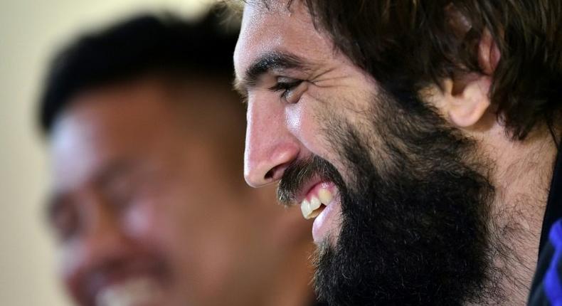 New Zealand's lock Sam Whitelock (R) at a press conference during the Rugby World Cup 2015