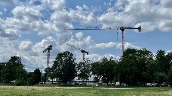 Zasięg wysięgników żurawi pracujących na budowie ma od 40 do 45 metrów, co umożliwia jednoczesną i bezkolizyjną pracę.