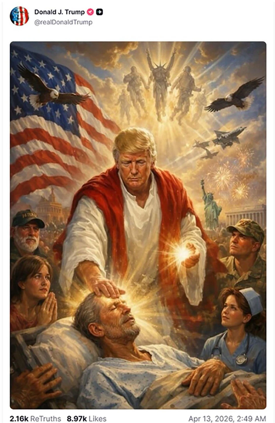 Tramp je objavio, a potom obrisao, sliku generisanu veštačkom inteligencijom koja ga prikazuje kao figuru sličnu Isusu, što je izazvalo kritike verskih vođa i komentatora | Foto: Social media