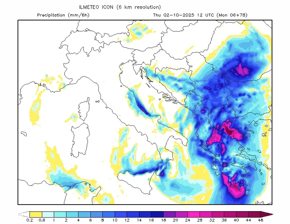 Mapa padavina oko 12 sati 2. oktobra
