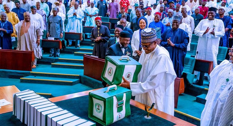 President Muhammadu Buhari at the presentation of 2020 Budget on the floor of the Senate. [Twitter/@BashirAhmaad]