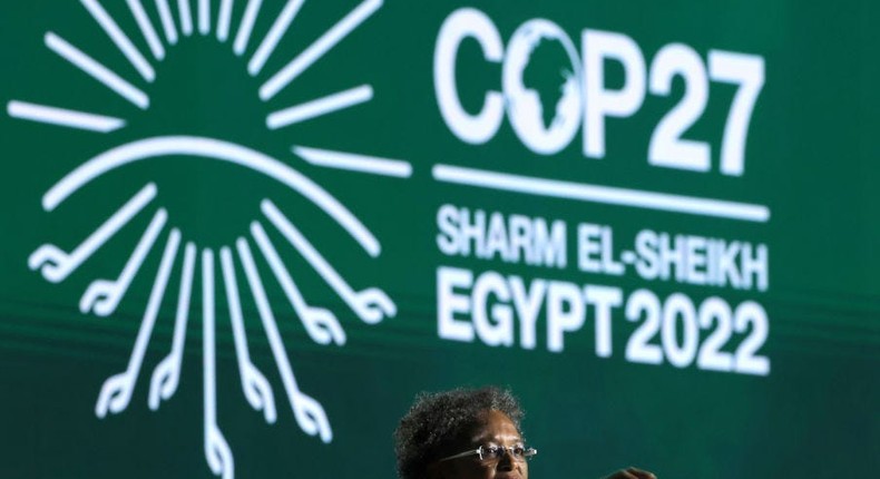 Mia Mottley, the prime minister of Barbados, speaks during the UN climate conference in Sharm el-Sheikh, Egypt.Sean Gallup/Getty Images