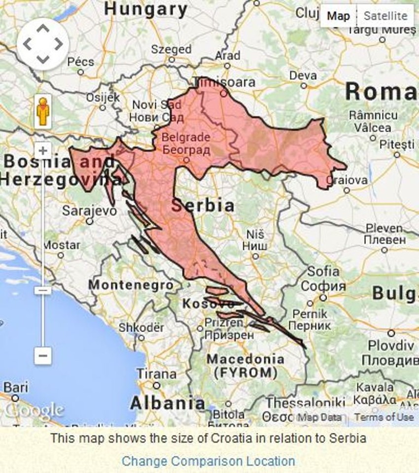 Veličina Hrvatske u odnosu na Srbiju