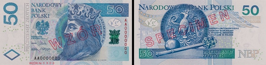 Banknot o nominale 50 złotych zdobi portret króla Kazimierza III Wielkiego. Z jego prawej strony widnieje ukoronowana litera „K” z monogramu królewskiego z drzwi katedry na Wawelu, a w tle ornament gotycki.
<br><br>
Odwrotną stronę zdobi Orzeł Biały z pieczęci króla Kazimierza III Wielkiego, a poniżej widać berło i jabłko – insygnia królewskie. W tle widnieje panorama Krakowa i Kazimierza z drzeworytu Hartmanna Schedla, podróżnika niemieckiego z końca XV wieku.