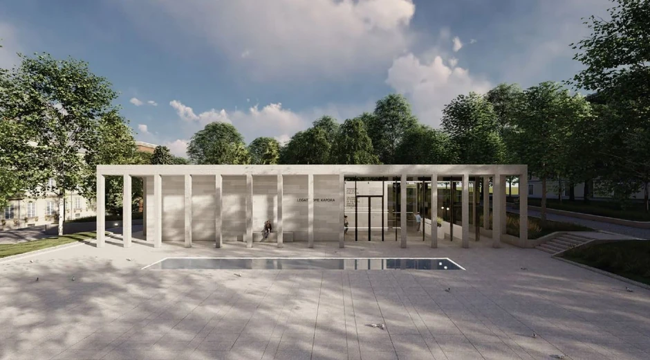 Bela zgrada, popločan plato i tri bazena