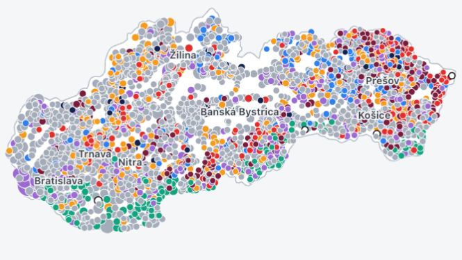 Mapa s výsledkami komunálnych volieb 2026 na Slovensku