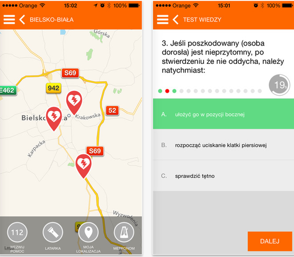 Aplikacja zawiera wskazówki, które pomogą nam udzielić pierwszej pomocy w najczęściej
występujących przypadkach zagrożenia życia. Przejrzysty podział na kategorie urazów pozwala szybko dotrzeć do działań, które należy wykonać udzielając pomocy w określonej sytuacji. Cennych informacji dostarcza też poradnik medycyny tropikalnej , który może przydać się na wyjeździe, a także pomóc przygotować się do takiego wyjazdu, np. poprzez  odpowiednie szczepienia.