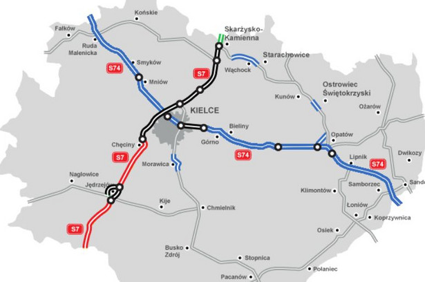 Przebieg planowanych i istniejących tras ekspresowych w woj. świętokrzyskim. Źródło: GDDKiA