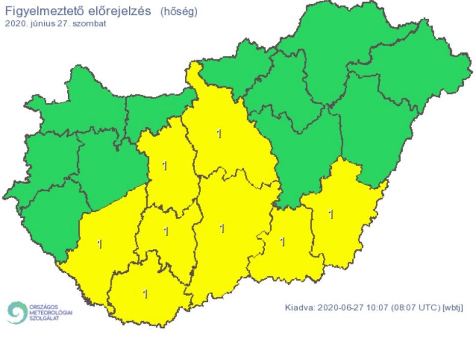 Ezekben a megyékben a hőség miatt adtak ki riasztást / Grafika: Met.hu