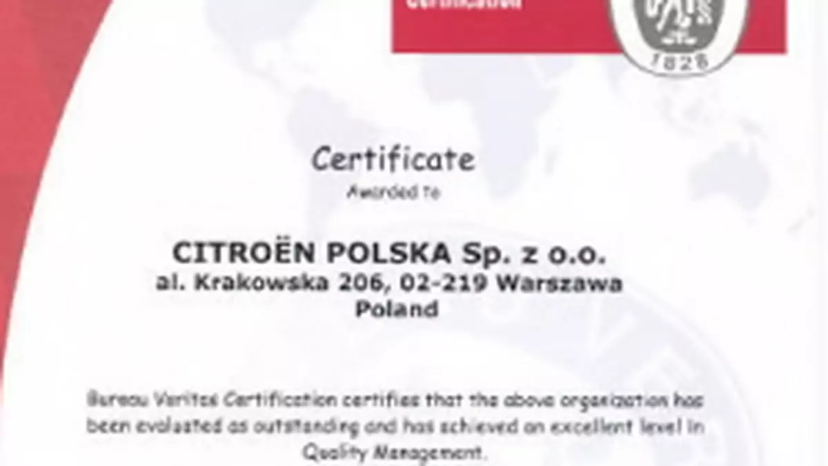 Citroën Polska wyróżniona certyfikatem „Excellent Quality Organization”