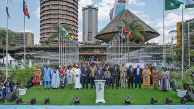 President William Ruto, at podium, flanked by African leaders at the Africa Climate Summit in Nairobi, September 6, 2023. Photo credits: Simon Maina, AFP