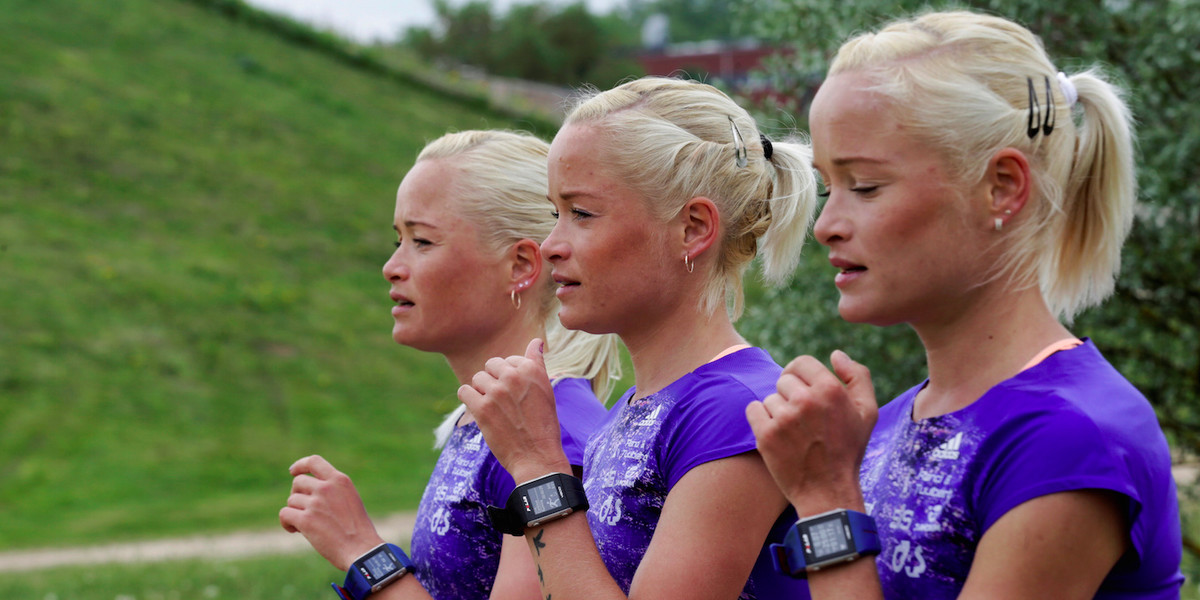 Estonian Olympic team female marathon runners Lily, Liina, and Leila Luik at a training session in Tartu, Estonia, on Thursday.