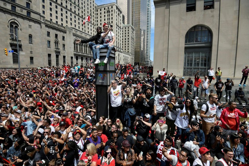 Toronto Raptors celebrate during their victory parade in Toronto