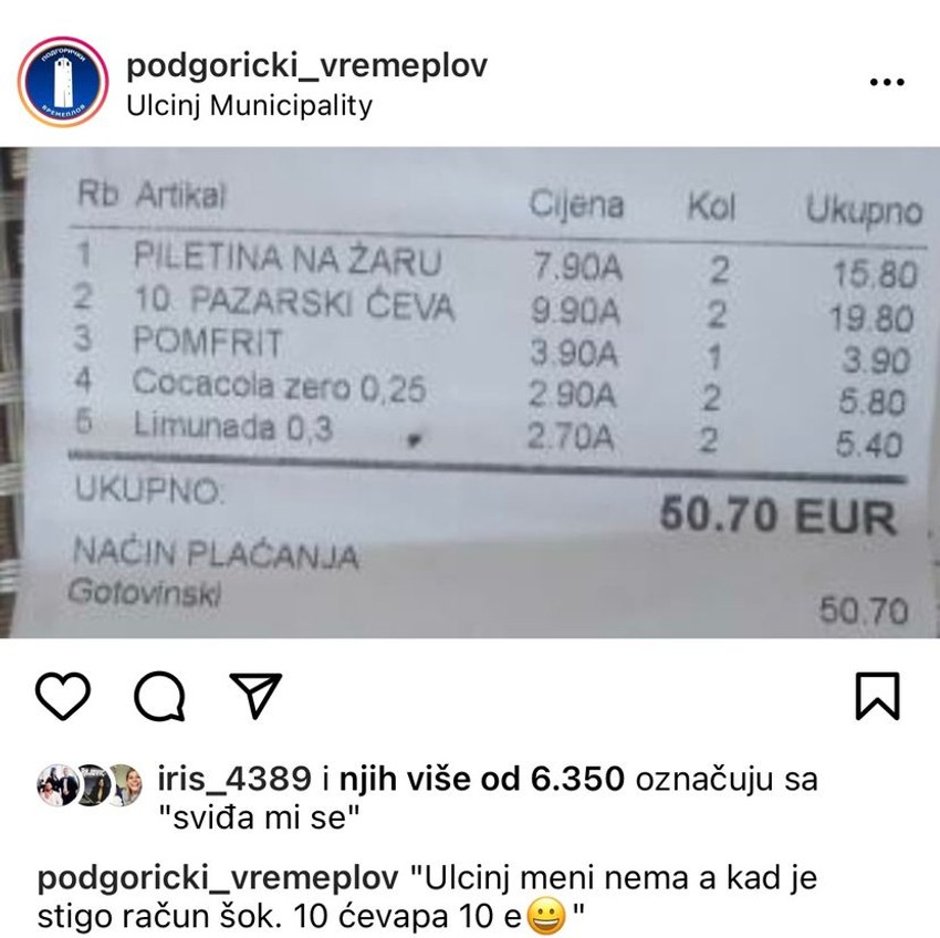 Cena ćevapa u Crnoj Gori