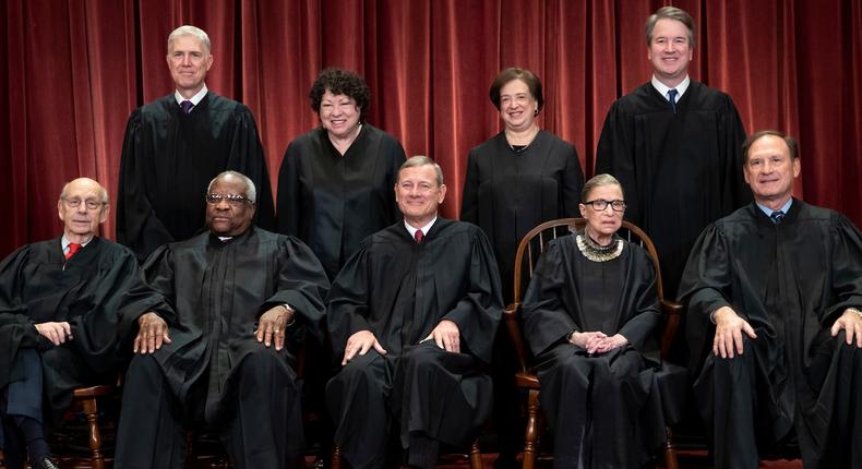 The Supreme Court justices are seen during their most recent sitting. Clockwise from top left: Justices Neil Gorsuch, Sonia Sotomayor, Elena Kagan, Brett Kavanaugh, Samuel Alito Jr., Ruth Bader Ginsburg, Chief Justice John G. Roberts, and Justices Clarence Thomas and Stephen Breyer.