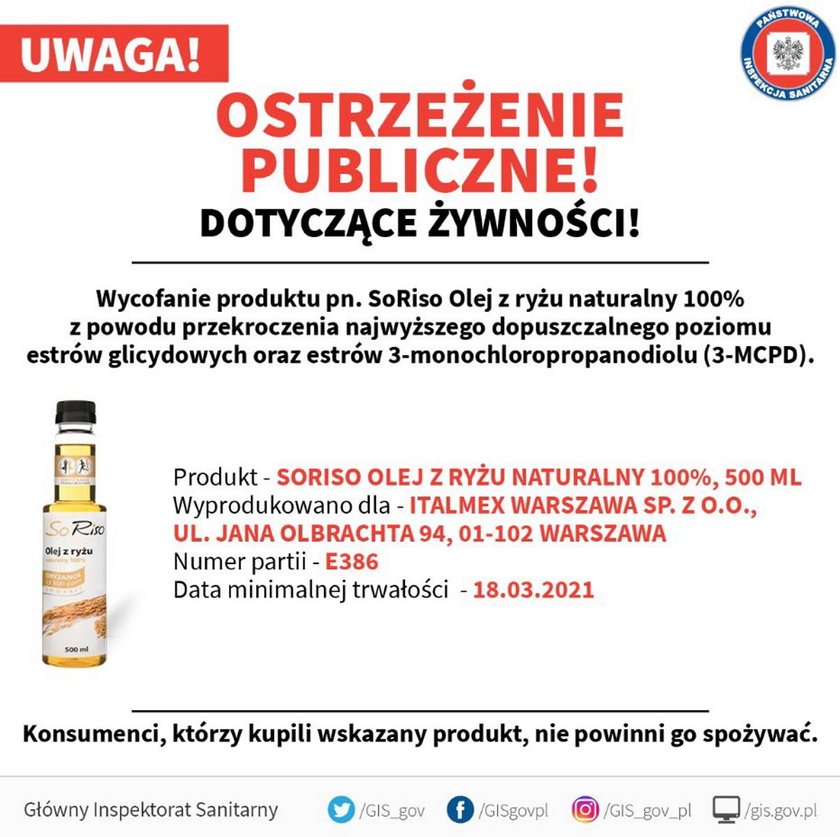 GIS wycofuje ten olej. Jest niebezpieczny dla zdrowia