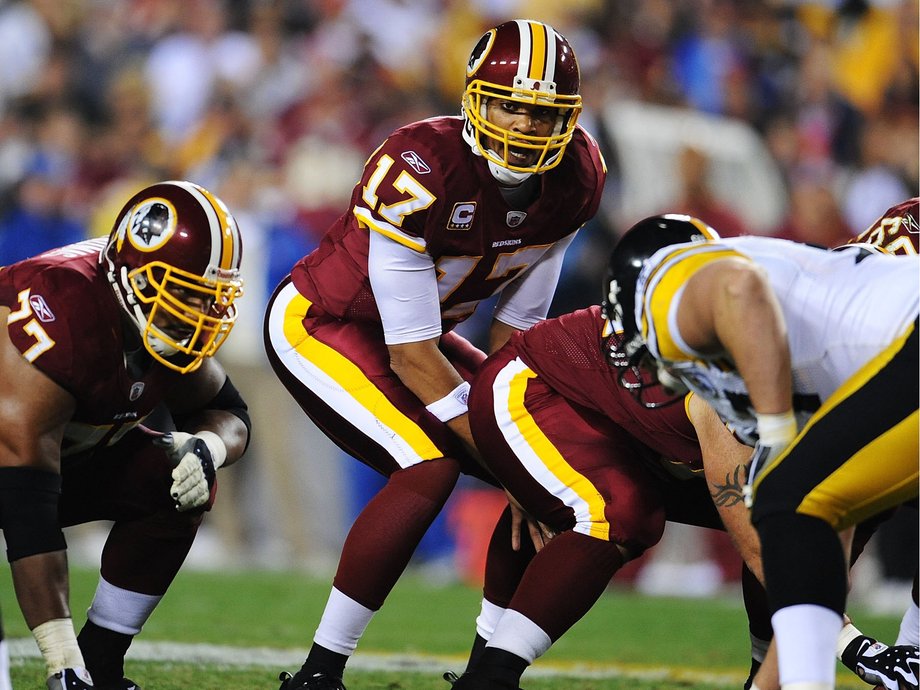 Washington Redskins in all-burgundy during a 2008 game.